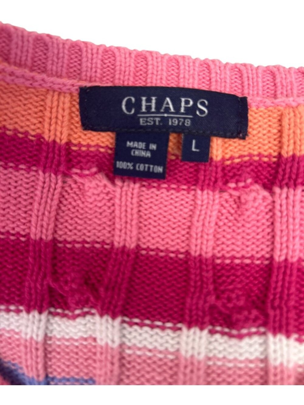 Chaps Women’s L V-Neck Cable Knit Sweater Striped Cotton Multicolor - Picture 9 of 10